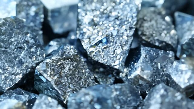 pile of platina ore ,  zoom in. 4K. Platinum is a transition metal that is silvery white, dense, soft and easy to shape. Platinum has extraordinary catalytic properties and is used in various industri