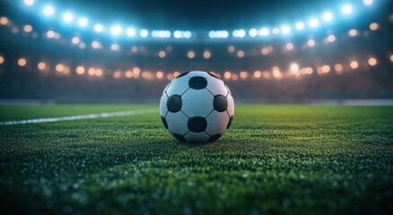 Naklejka premium A soccer ball rests on the vibrant green field beneath bright stadium lights at night