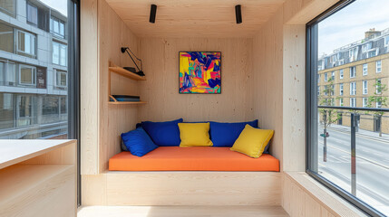 Contemporary Colorful Living Room with Wooden Panels and Sunlit Orange Sofa