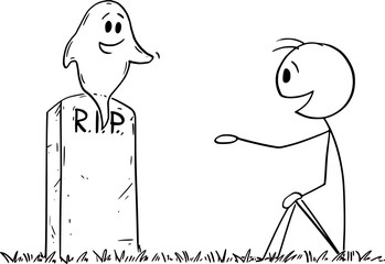 Person on cemetery talking with soul or ghost, vector cartoon stick figure or character illustration.