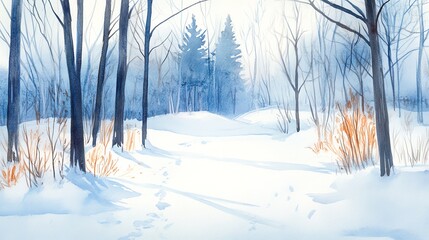 Obraz premium Winter landscape with snow-covered path and trees in serene atmosphere.