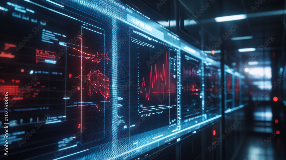 Poster futuristic digital data dashboard displaying various analytics in a dark environment with glowing ne