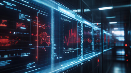Futuristic digital data dashboard displaying various analytics in a dark environment with glowing neon elements