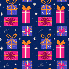 Seamless vector pattern with beautiful ornament, winter or birthday holiday decorations, retro Xmas gift boxes with bow and ribbons, cartoon flat illustration, design elements for wrapping paper decor