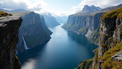 Naklejka premium Breathtaking Norwegian fjord landscape with cascading waterfalls