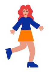 Colorful disproportionate Redhead Girl. Women character in pose. Vector flat illustration.