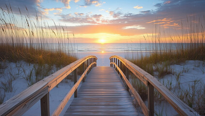 Naklejka premium A wooden boardwalk leading to the beach at sunset, surrounded by dunes and sea grass with an ocean view in the background