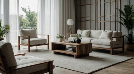 Cubic wooden coffee table between white sofa and armchairs. Scandinavian style home interior design of modern living room