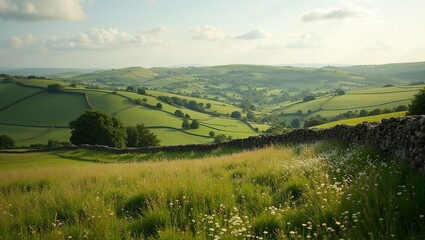 Naklejka premium Tranquil English countryside with rolling hills and stone walls under a summer sky