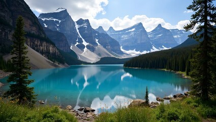 Fototapeta premium Majestic Canadian Rockies with snow capped peaks turquoise lake and lush pine trees