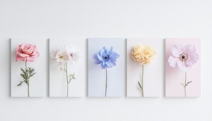 Obraz premium Different pastel-colored flowers on a white background, each in one canvas, in a minimalist style, against a white wall. 