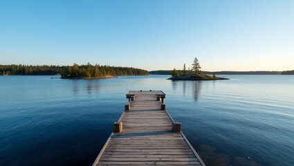 Fototapeta premium Tranquil Finnish archipelago scene with small forested islands calm blue waters and a wooden dock