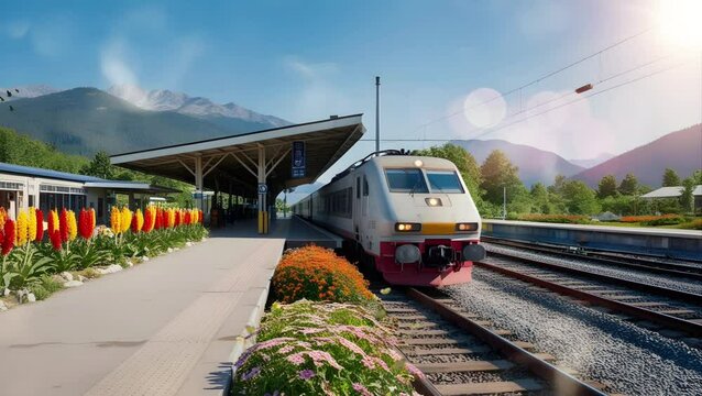 A train stops at a station with mountains in the background. Seamless 4K looping timelapse video animation background