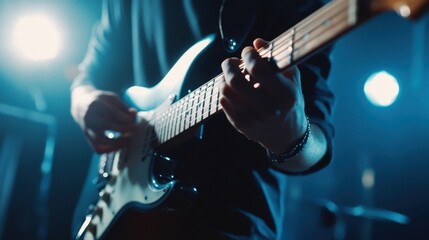 Obraz premium Musician playing guitar in recording studio, bright lighting, clean background, copy space