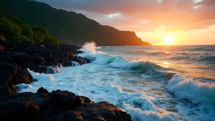Dramatic Hawaiian coastline at sunset with crashing waves and volcanic rocks