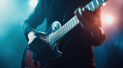 Obraz premium Musician playing guitar, studio background, soft lighting,