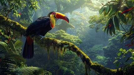 Obraz premium Toucan sitting on the branch in the forest, green vegetation, full of copy space, colorful wallpaper