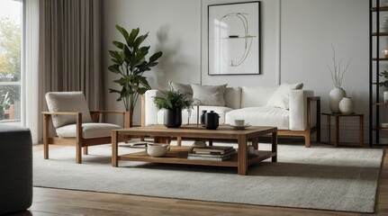 Cubic wooden coffee table between white sofa and armchairs. Scandinavian style home interior design of modern living room