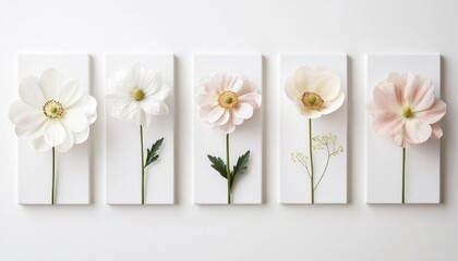 Different pastel-colored flowers on a white background, each in one canvas, in a minimalist style, against a white wall. 