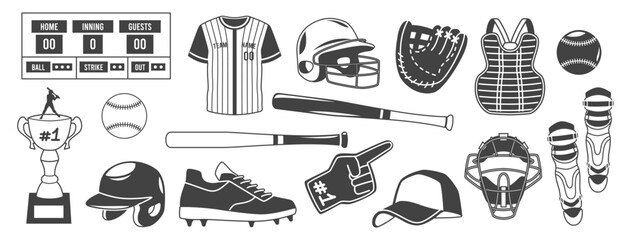Baseball icons. Sports game elements, black silhouettes, professional equipment, uniform, scoreboard, helmet, ball and bat, score table and athletic jacket. Softball isolated tidy vector set