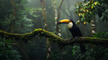 Fototapeta premium Toucan sitting on the branch in the forest, green vegetation, full of copy space, colorful wallpaper