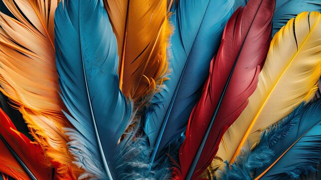 selective focus pf colored feathers background, with copy space