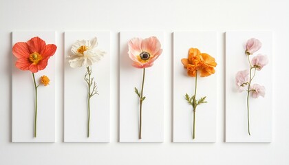Obraz premium Different pastel-colored flowers on a white background, each in one canvas, in a minimalist style, against a white wall. 