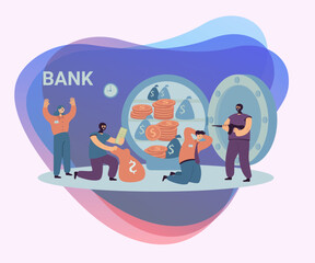 Banking thieves in masks threatening bank workers flat vector illustration. Cartoon robbers taking money from safe. Bank robbery and finance crime concept