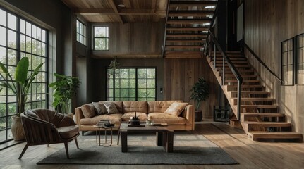 Farmhouse home interior design of modern living room with wooden staircase