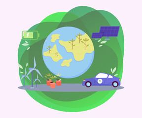Green planet with solar panels, wind turbines, electric car, green energy battery. Vector illustration. Sustainable living, eco-friendly practices concept