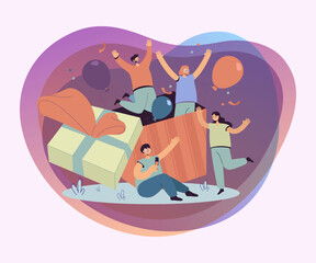 Group of friends celebrating birthday, jumping out of gift box with confetti and balloons. Vector illustration for surprise party, celebration, festive event, presents, fun, friendship concept