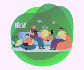 Naklejka premium Group of friends with digital devices meeting at home, sitting together. People using laptops, tablet, mobile phone for internet and social media browsing, For communication, public access concept