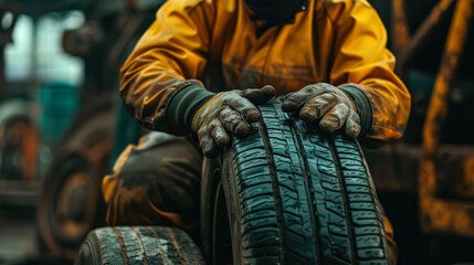 Man in a yellow jacket is wearing gloves and is holding a tire. The tire is dirty and has a worn out appearance. The man seems to be inspecting the tire, possibly preparing to replace it
