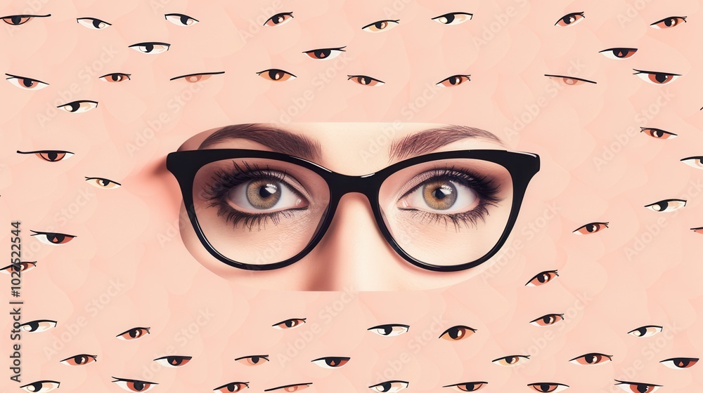 Poster a pair of sleek eyeglasses is prominently displayed against a vibrant backdrop filled with stylized 