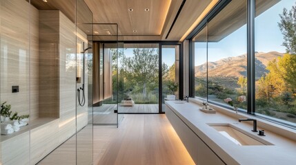 Contemporary luxury bathroom, featuring a minimalist design with sleek lines, frameless glass showers, and high-tech fixtures, offering modern comfort and luxury.