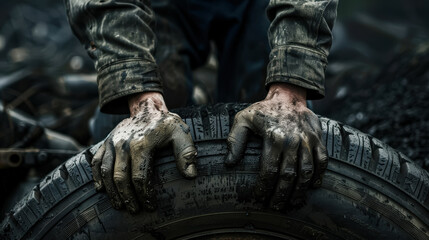 Man is wearing dirty gloves and holding a tire. The tire is dirty and has mud on it. The man is likely working on the tire, possibly repairing or replacing it. Concept of manual labor and hard work