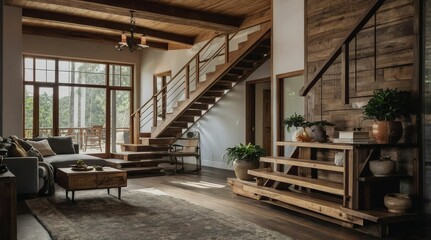 Farmhouse home interior design of modern living room with wooden staircase