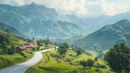 Fototapeta premium Cultural heritage road through mountains, showing a road passing through villages or historical landmarks nestled in the mountains, 