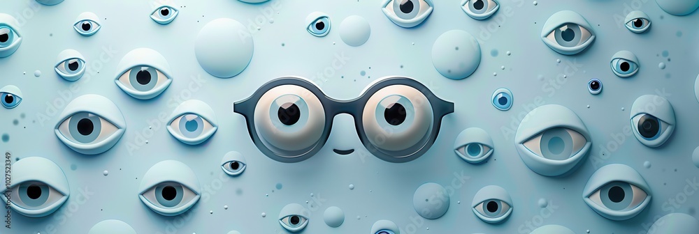 Poster a pair of modern eyeglasses contrasts with a whimsical backdrop featuring a variety of artistic eyes