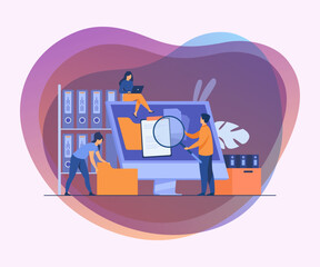 Obraz premium Office workers organizing data storage and file archive on server or computer. PC users searching documents on database. Vector illustration for information technology, source concept