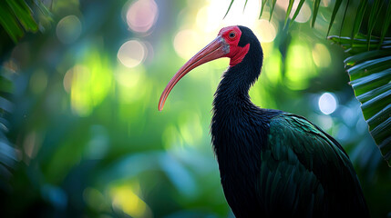 Naklejka premium A black and red ibis bird with a long orange beak stands in a lush green tropical forest.