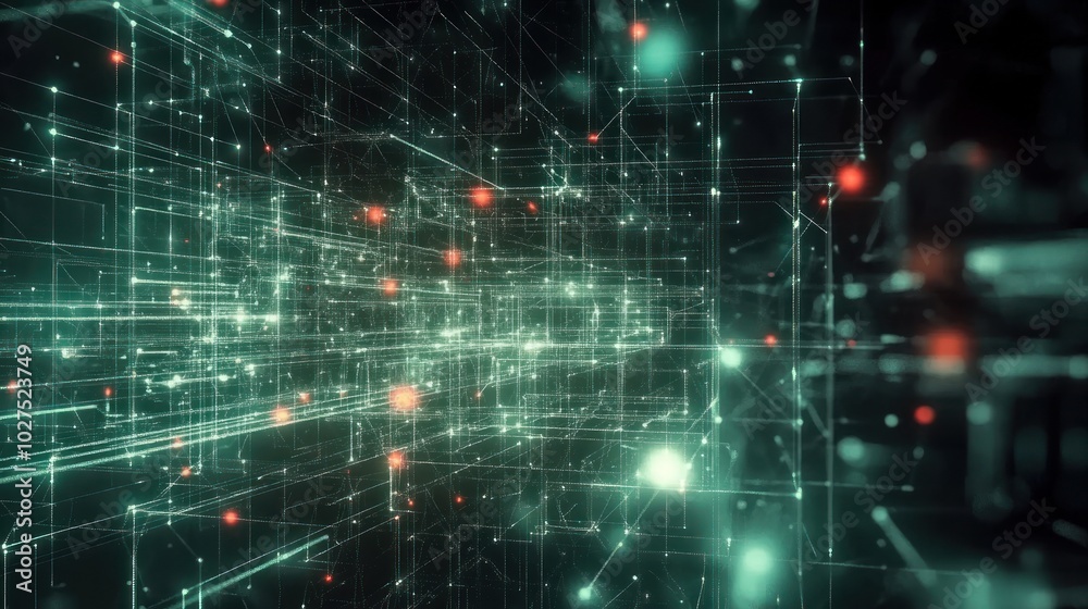 Poster digital technology background with interconnected data nodes, grids, and dynamic lines, showcasing t