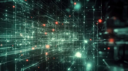 Digital technology background with interconnected data nodes, grids, and dynamic lines, showcasing the digital transformation and the interconnected nature of modern technology.