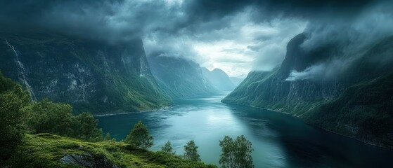 Fototapeta premium Dramatic View of a Fjord Surrounded by Mountains and Clouds
