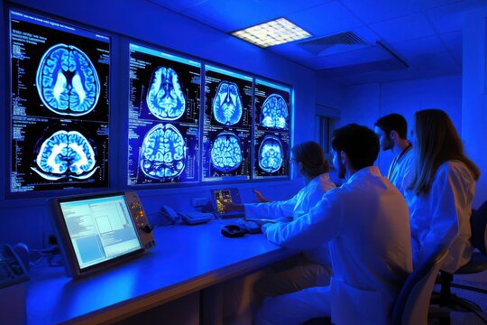 Doctors reviewing brain scans in radiology room
