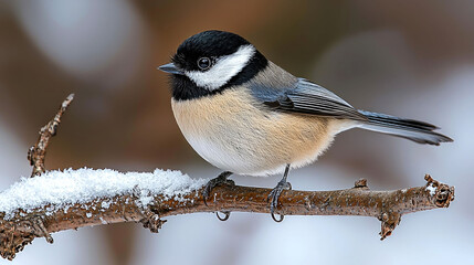 Obraz premium A black-capped chickadee perched on a branch covered in snow, looking to the left.