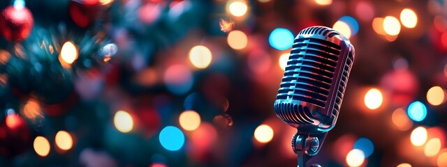 Horizontal banner. Microphone on colorful Bokeh neon background. Performance Microphone for speech singing karaoke party, Microphones for orator press conference, Microphone Copy space. Performer,sing © NN AI