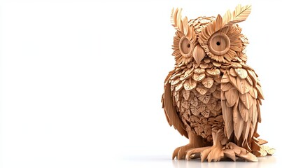 Obraz premium A 3D render of a wooden owl sculpture with detailed feathers and large eyes on a white background.