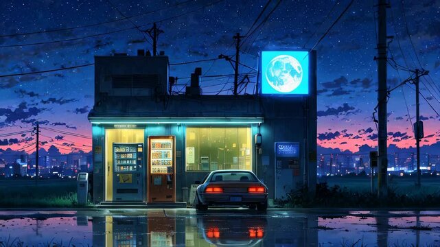 Vending machine and car with sunset sky reflections
