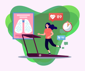 Sporty woman jogging on treadmill vector illustration. Lungs, pulse rate control, step counter. Healthy lifestyle, wellness, respiratory exercises, sport, practices concept